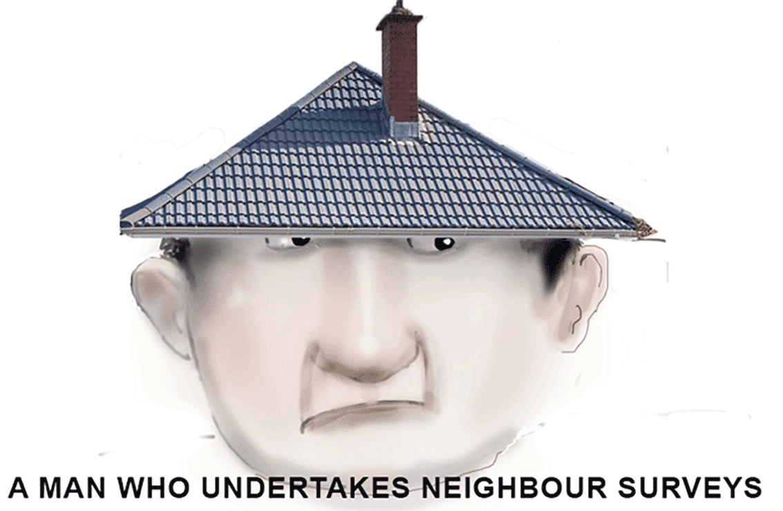 man with roof on head and moving eyes